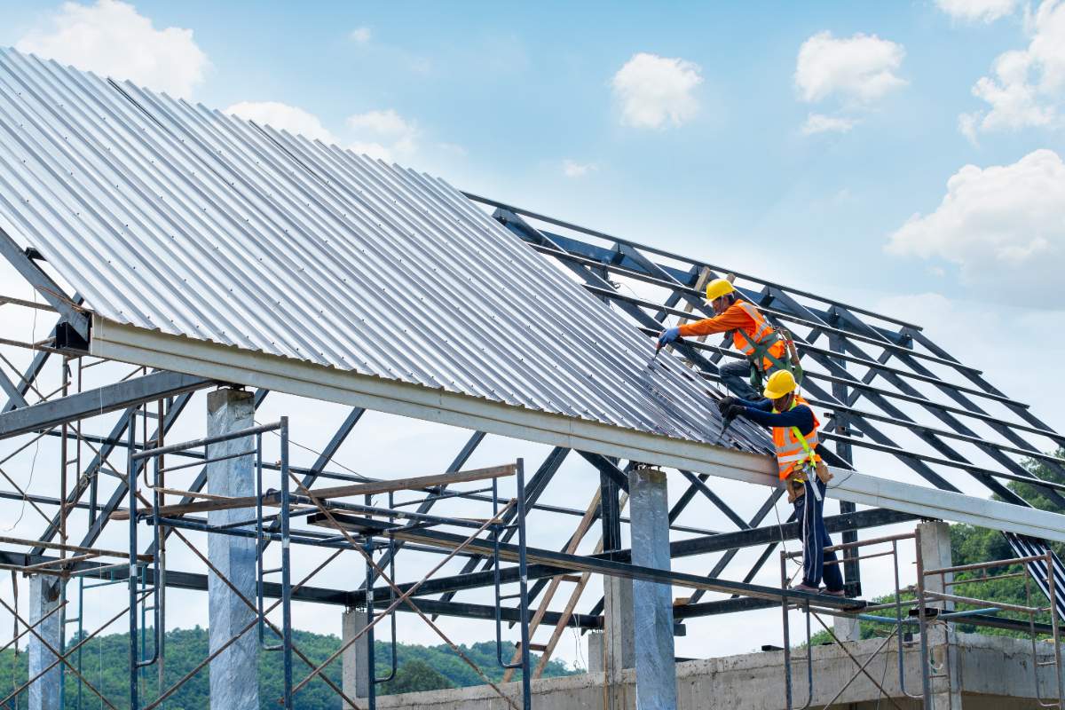 working height equipment construction worker wearing safety harness are working roof house construction site 1